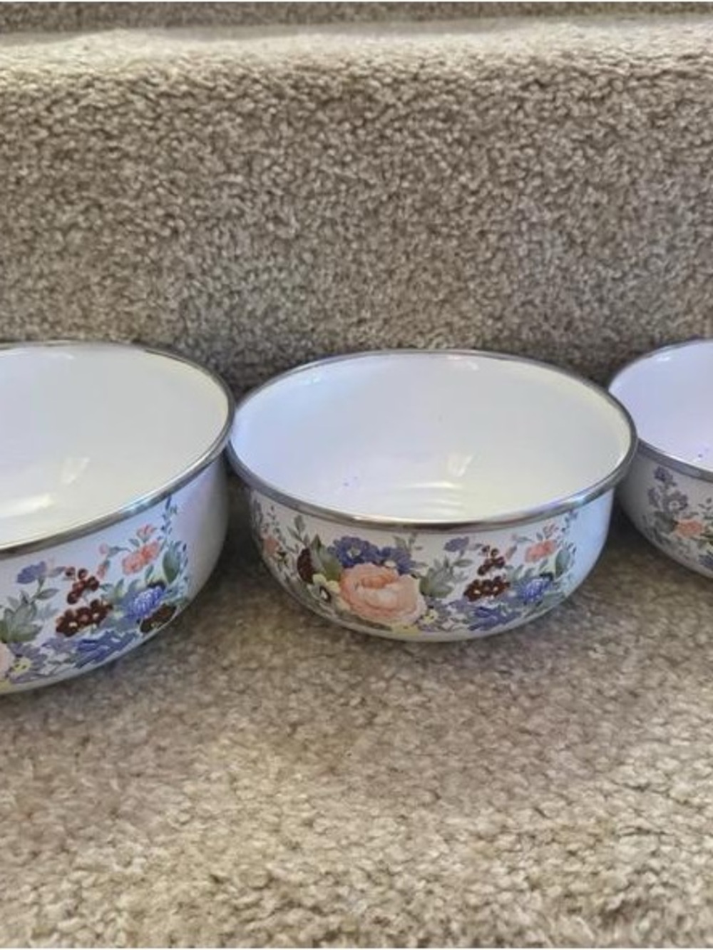 White Floral Enamel Serving Bowl with Multicolor Flower Motif